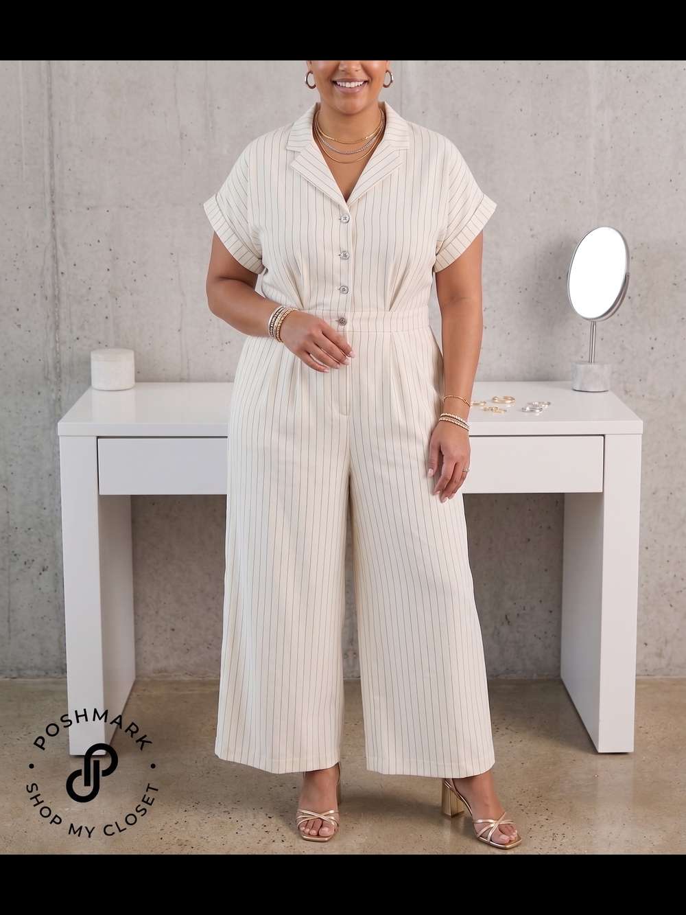 Cream Pinstripe Short-Sleeve Jumpsuit
